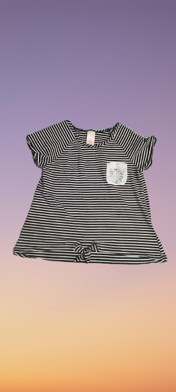 Black & White Striped Wonder Nation Girls T-Shirt With Floral Front Pocket XL